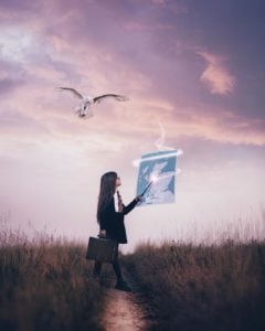 photoshop image of retro legend street map poster of Hogwarts with girl and white owl