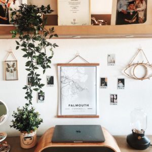 white modern street map poster of Falmouth, Cornwall with natural oak wood poster hanger