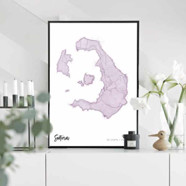 Purple map poster of Santorini, Greece