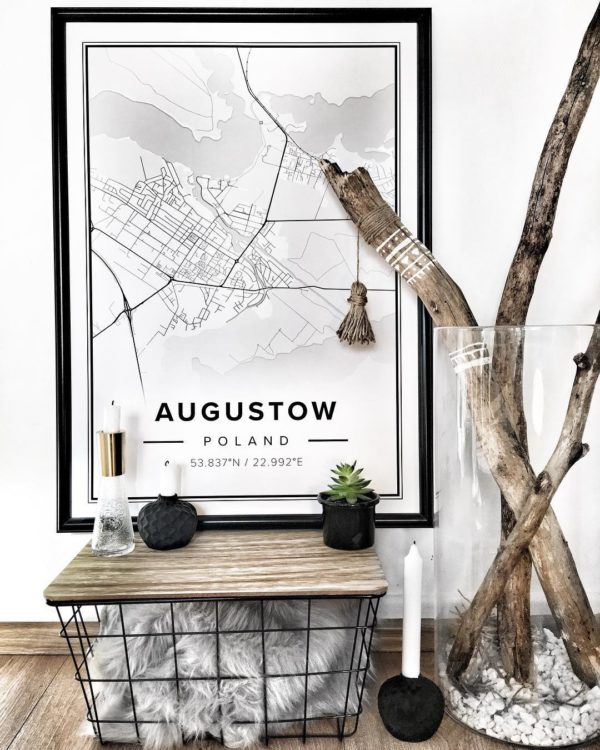 White map poster of Augustow, Poland