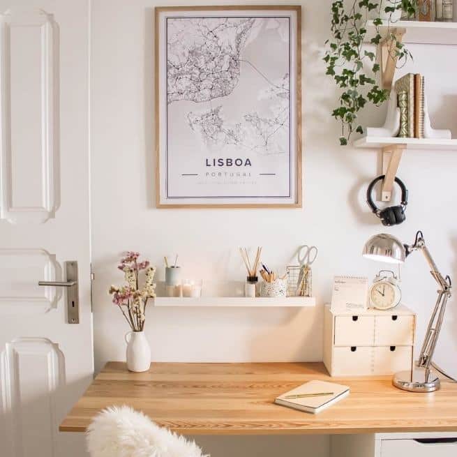 white map poster of lisboa, portugal, framed in a productive home office
