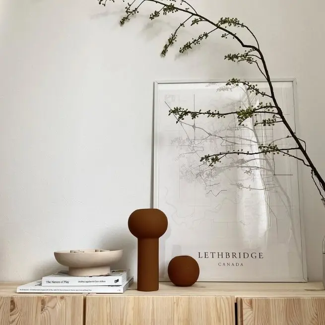 Customizable Japandi print next to a Japandi vase in an aesthetic decor setup 