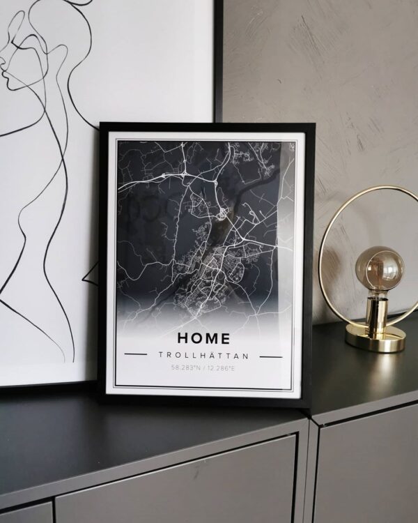 dark modern street map poster of Home, Trollhättan with black frame