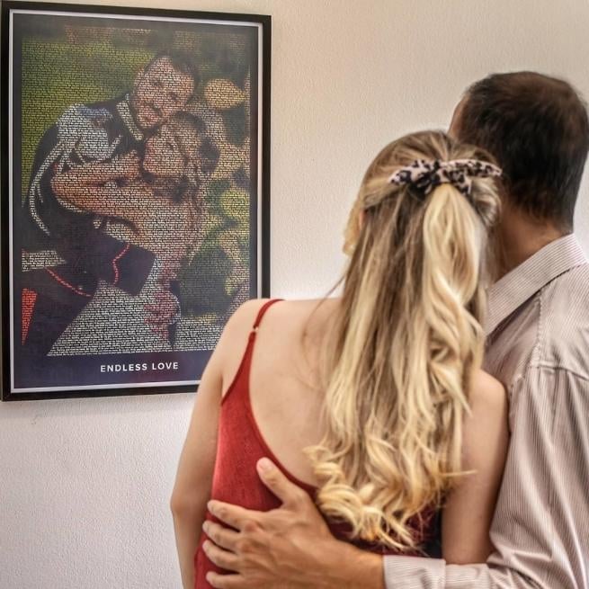 A couple that create connection with their partner, looking at a Text Art Poster of wedding