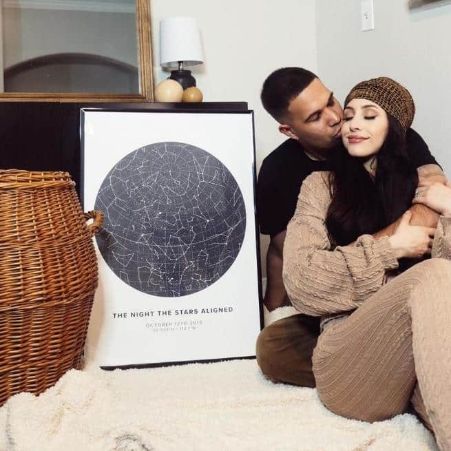 Romantic bright star map poster, next to a couple that that create connection with their partner