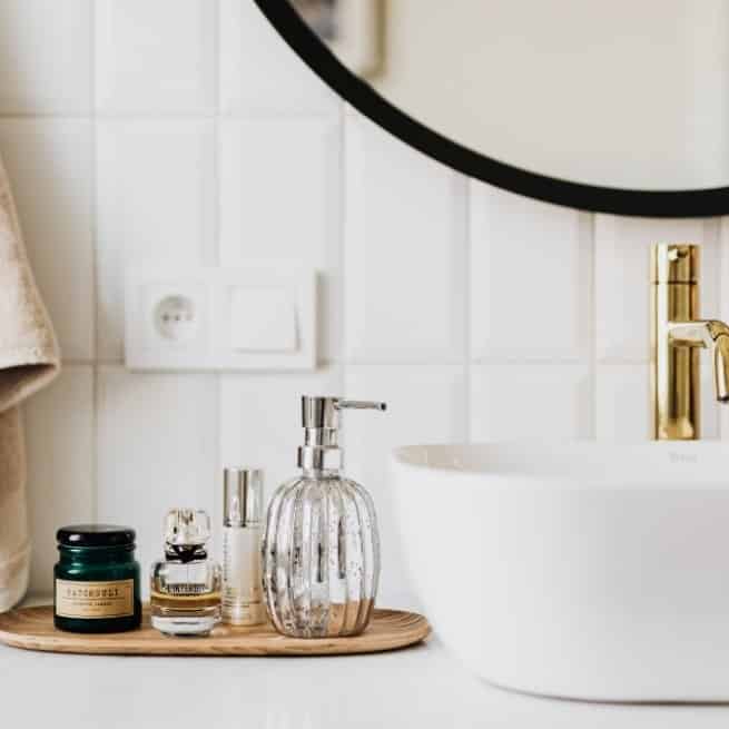 bathroom cabinet with toiletries 