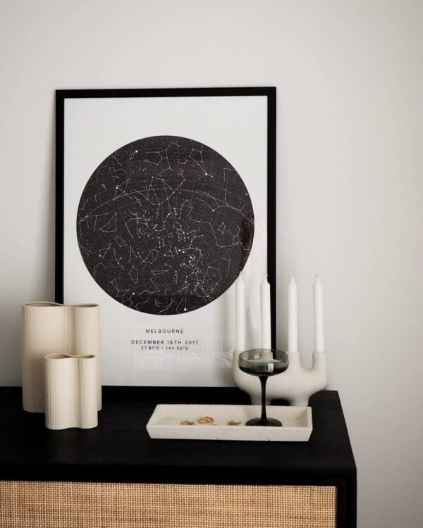 black and white star map poster of melbourne, australia