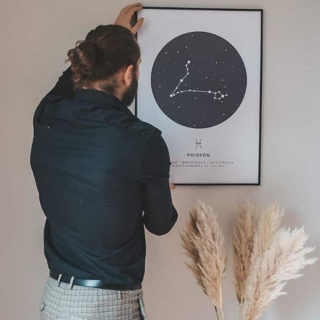 black and white pisces constellation map poster