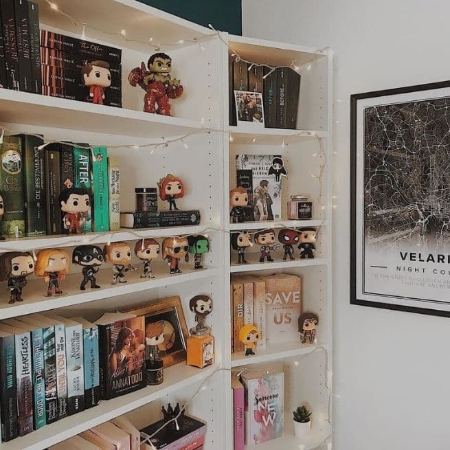 book shelf with figurines